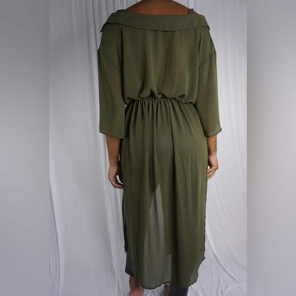 Flying Tomato Womens Blouse Sz Small Green Cold Shoulder Sheer Maxi - Picture 5 of 10